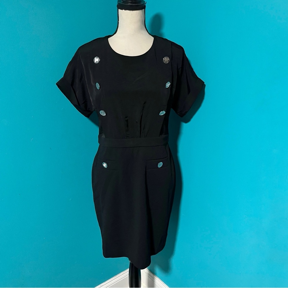 Karl Lagerfeld Paris 6/8 Black Short Sleeve Button Detail Dress